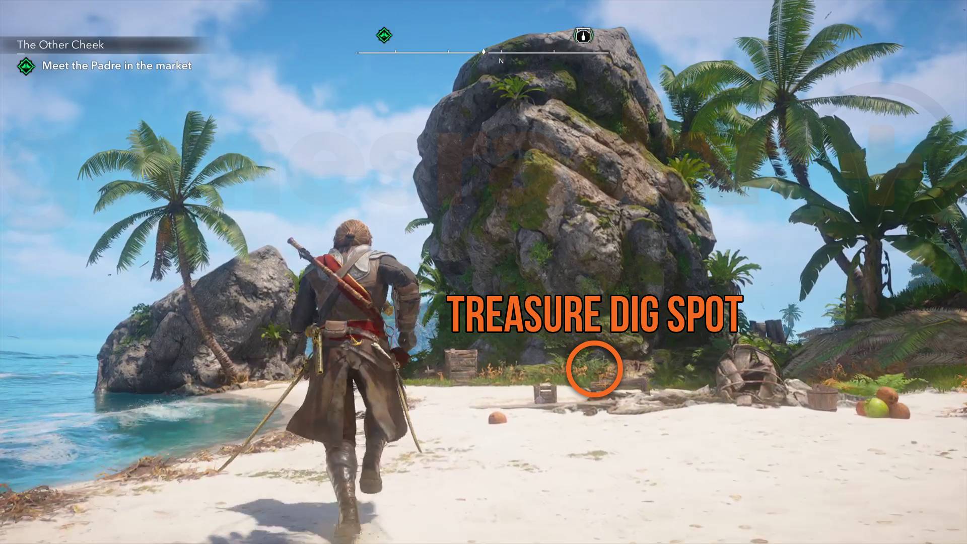 Black Flag Resynced Salt Lagoon treasure dig spot marked with orange circle as Edward runs over to it