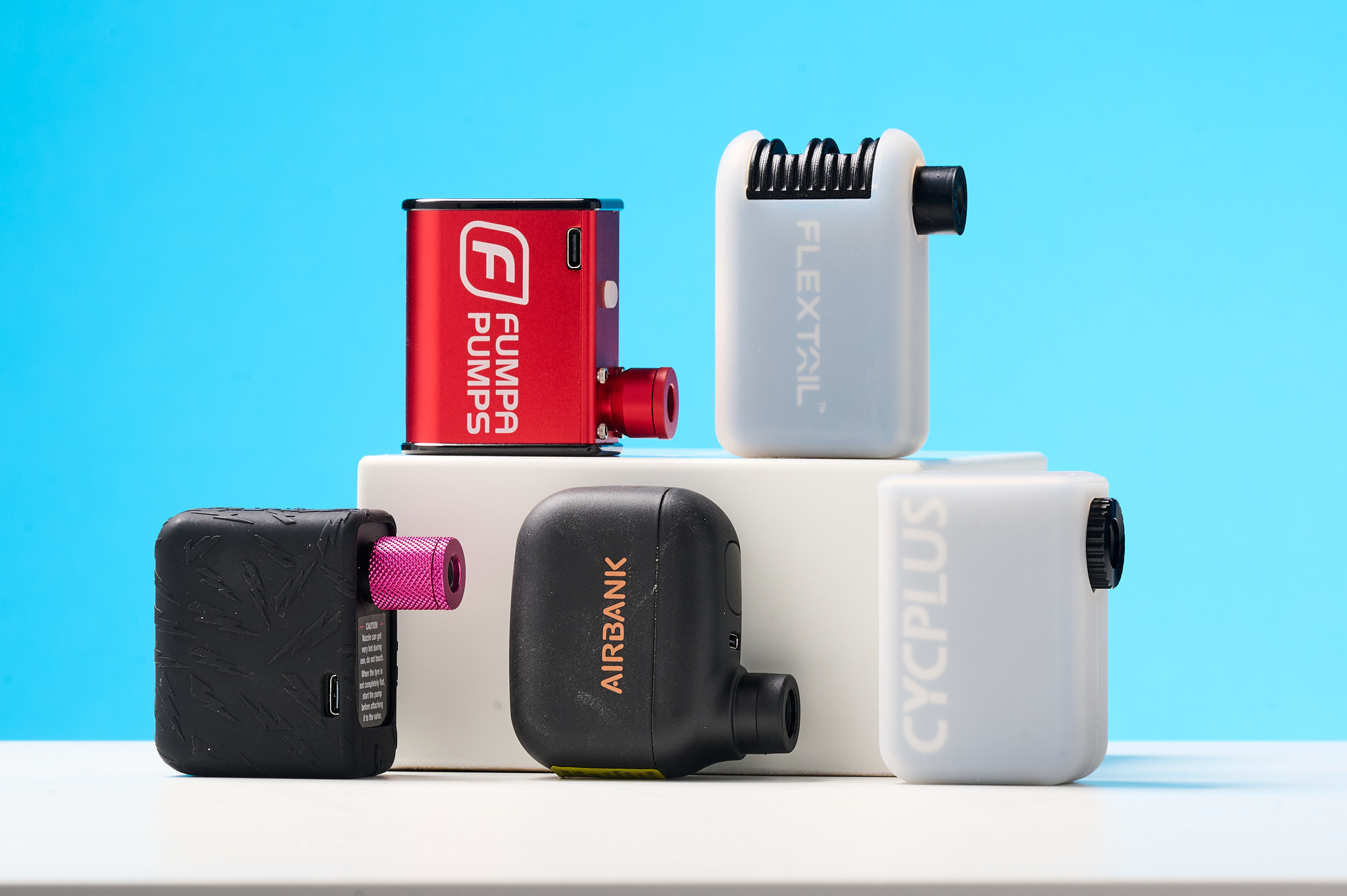 Five of the best electric bike pumps, the 'Nano' category, featuring Fumba, Muc-Off, Airbank, Cycplus and Flextail.