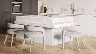 pale white and marble kitchen island with lower dining area