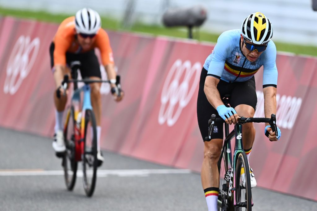 Dutch Bauke Mollema of TrekSegafredo and Belgian Wout Van Aert of Team JumboVisma crosses the finish line of the mens cycling road race on the second day of the Tokyo 2020 Olympic Games with finish at the Fuji Speedway in Gotenba Tokyo Japan on Saturday 24 July 2021 The postponed 2020 Summer Olympics are taking place from 23 July to 8 August 2021 BELGA PHOTO JASPER JACOBS Photo by JASPER JACOBSBELGA MAGAFP via Getty Images
