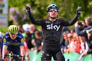 Elia Viviani celebrates his first win of 2017 on the third stage of the Tour de Romandie.