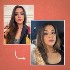 a fall-toned background with an image of the same girl before and after an espresso brunette hair transformation