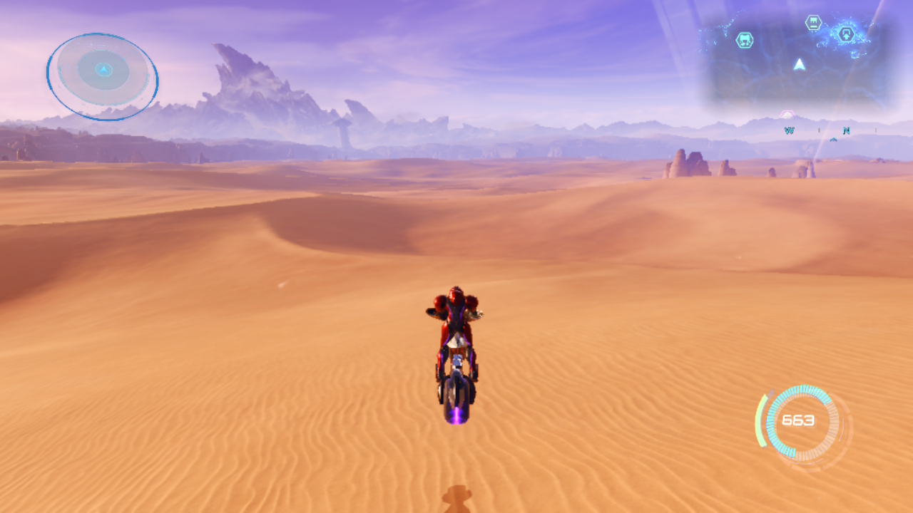 A screenshot showing Samsus getting air off a sand dune while riding Voi-O-La in Metroid Prime 4: Beyond&#039;s Sol Valley overworld