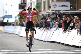 STAVANGER NORWAY JUNE 01 Mie Bjorndal Ottestad of Norway and Team UnoX Mobility celebrates at finish line as stage winner during the 14th Tour of Norway 2025 Stage 4 a 130km stage from Stavanger to Stavanger on June 01 2025 in Stavanger Norway Photo by Szymon GruchalskiGetty Images