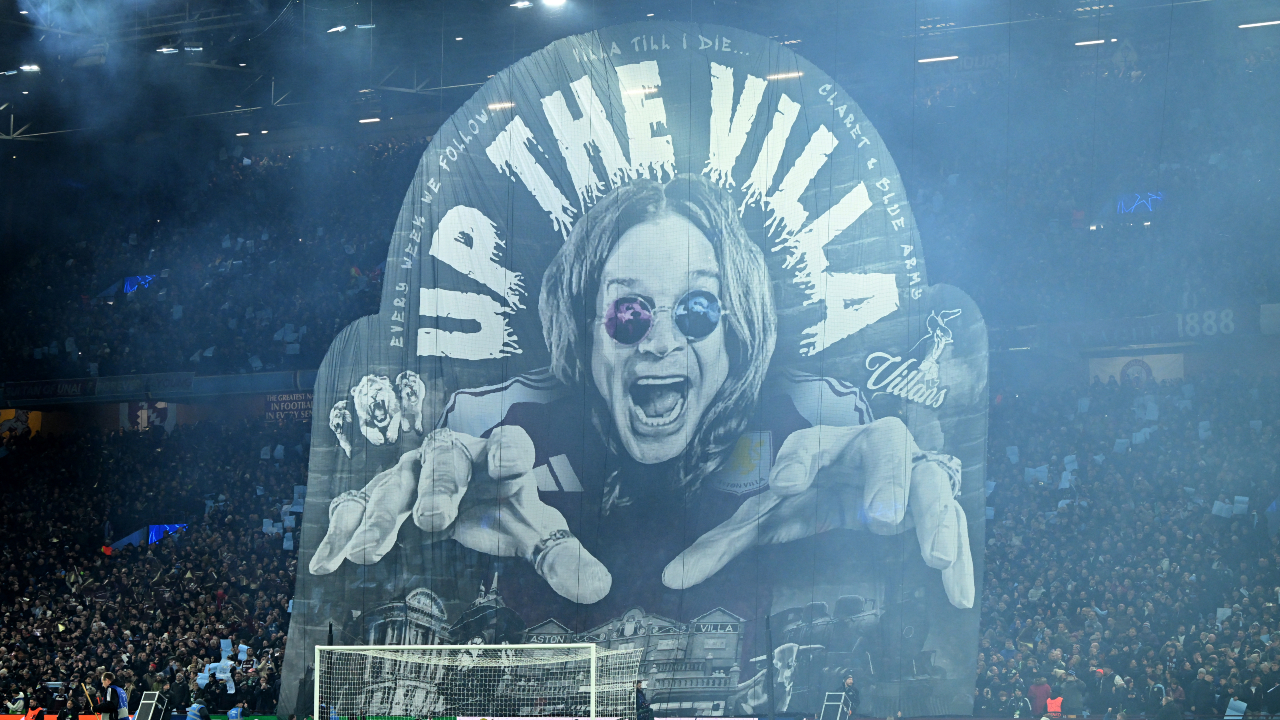 Poster featuring Ozzy Osbourne and the words "Up the Villa" inside Villa Park stadium