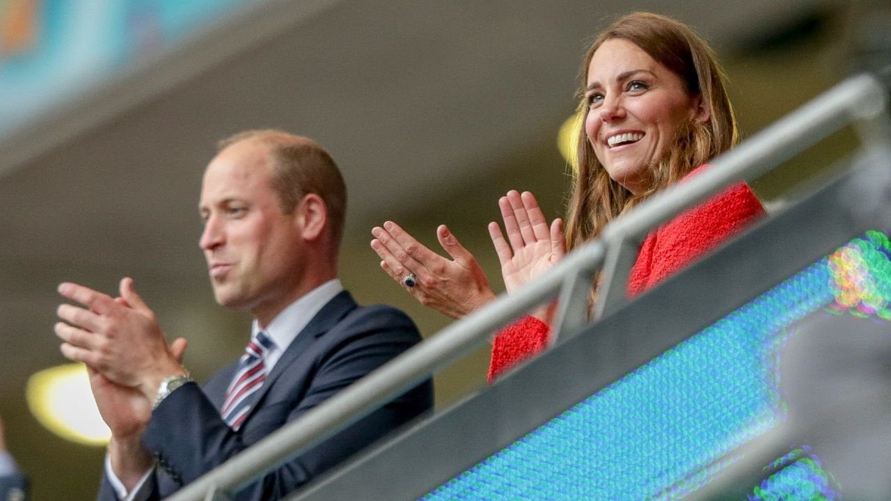 Prince William, Duke of Cambridge and Catherine, Duchess of Cambridge get to their feet to celebrate after Harry Kane of England scores a goal to make it 2-0 during the UEFA Euro 2020 Championship