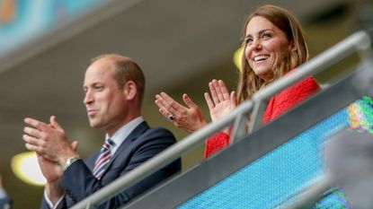 Prince William, Duke of Cambridge and Catherine, Duchess of Cambridge get to their feet to celebrate after Harry Kane of England scores a goal to make it 2-0 during the UEFA Euro 2020 Championship