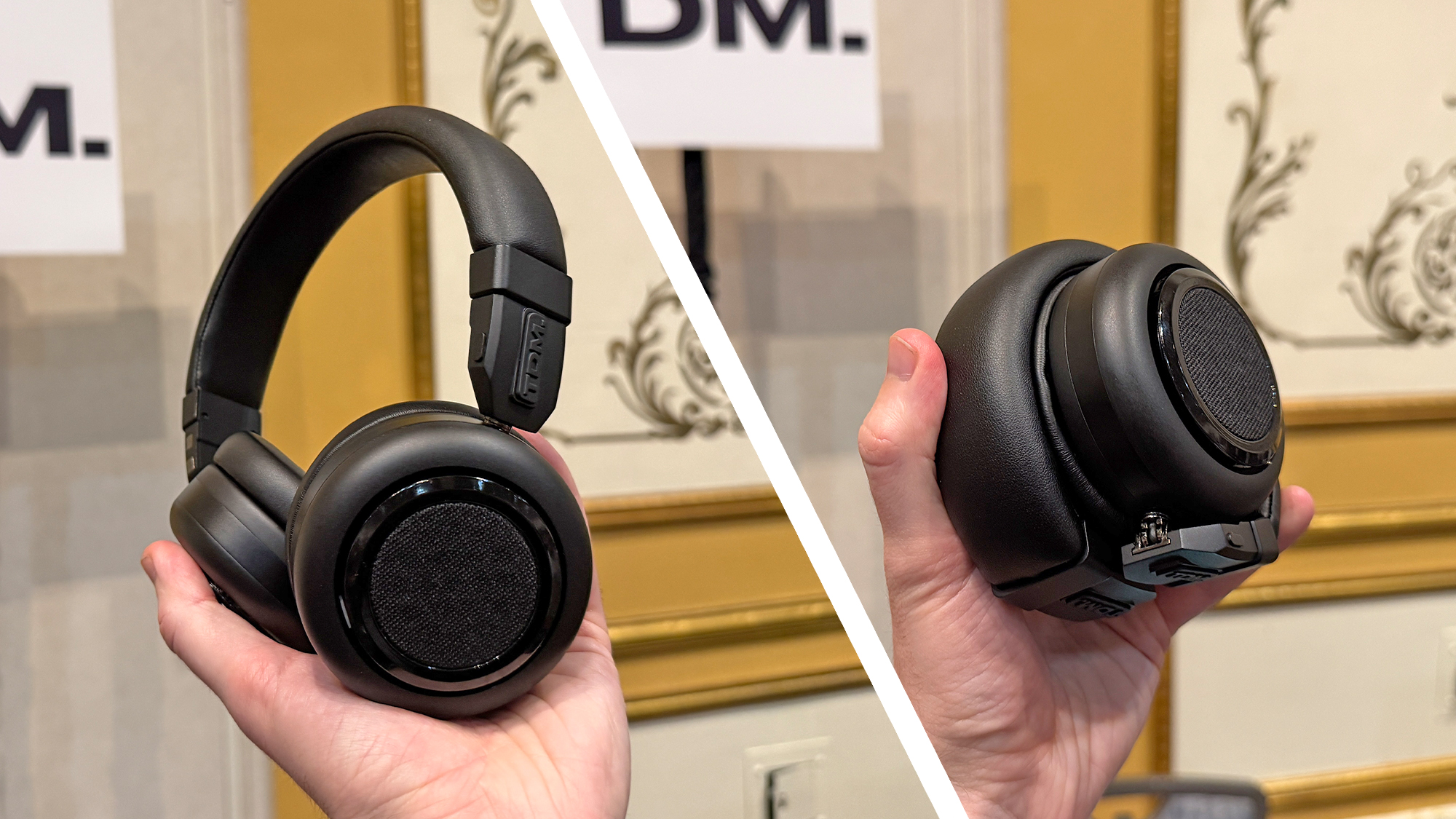 The TDM Neo headphones held in a man's hand. On the left, they are in headphone format, on the right, they are twisted into a round speaker shape