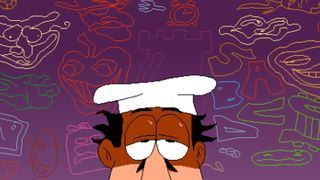 peppino of pizza tower poking up from bottom of frame looking haggard with purple background featuring psychedelic line art of the game's antagonists