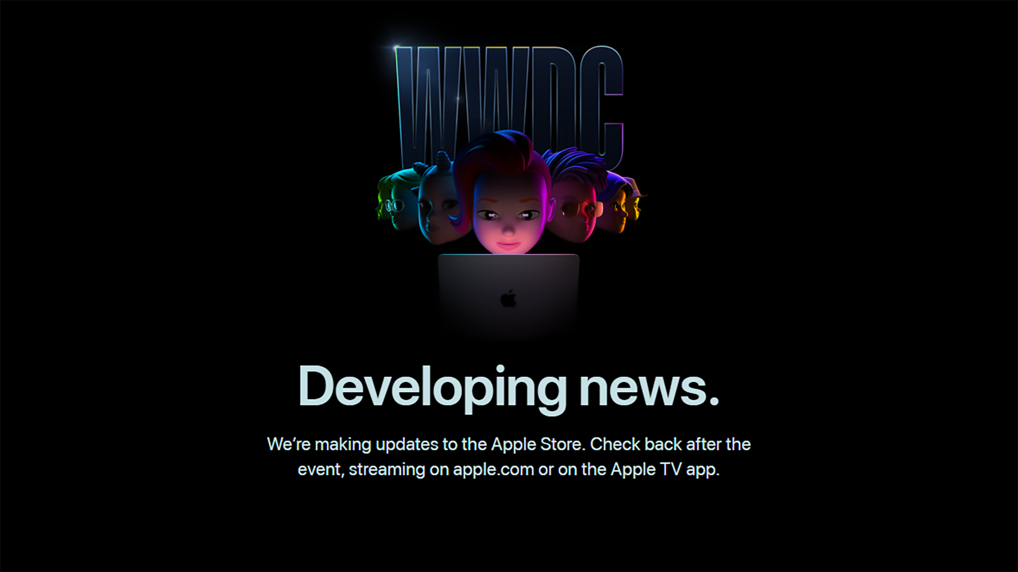 Espaço reservado da Apple Store com cabeças animadas visualizando o MacBook em fundo preto