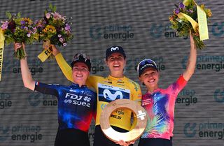 KUSNACHT, SWITZERLAND - JUNE 15: (L-R) Demi Vollering of Netherlands and Team FDJ - SUEZ on second place, race winner Marlen Reusser of Switzerland and Team Movistar - Yellow Leader Jersey and Katarzyna Niewiadoma of Poland and Team CANYON/SRAM zondacrypto on third place pose on the podium ceremony after the 5th Tour de Suisse Women 2025, Stage 4 a 129.4km at stage from Kusnacht to Kusnacht / #UCIWWT / on June 15, 2025 in Kusnacht, Switzerland. (Photo by Tim de Waele/Getty Images)
