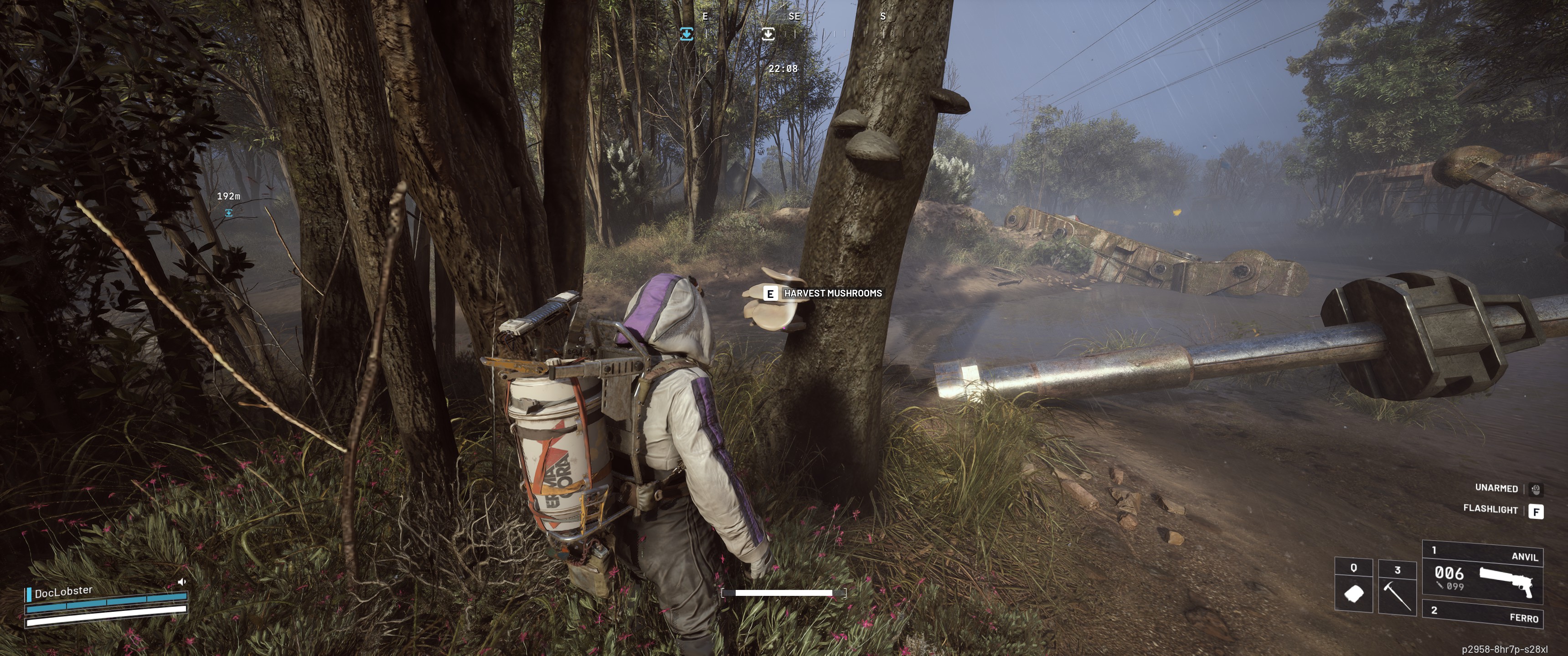 arc raiders astronaut character finding a mushroom in the swamp