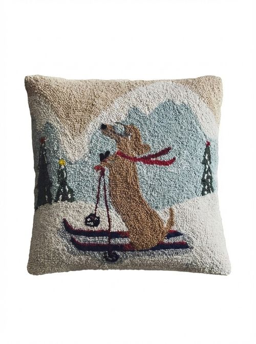 Wool Blend Christmas Cushion Cover With Skiing Dog