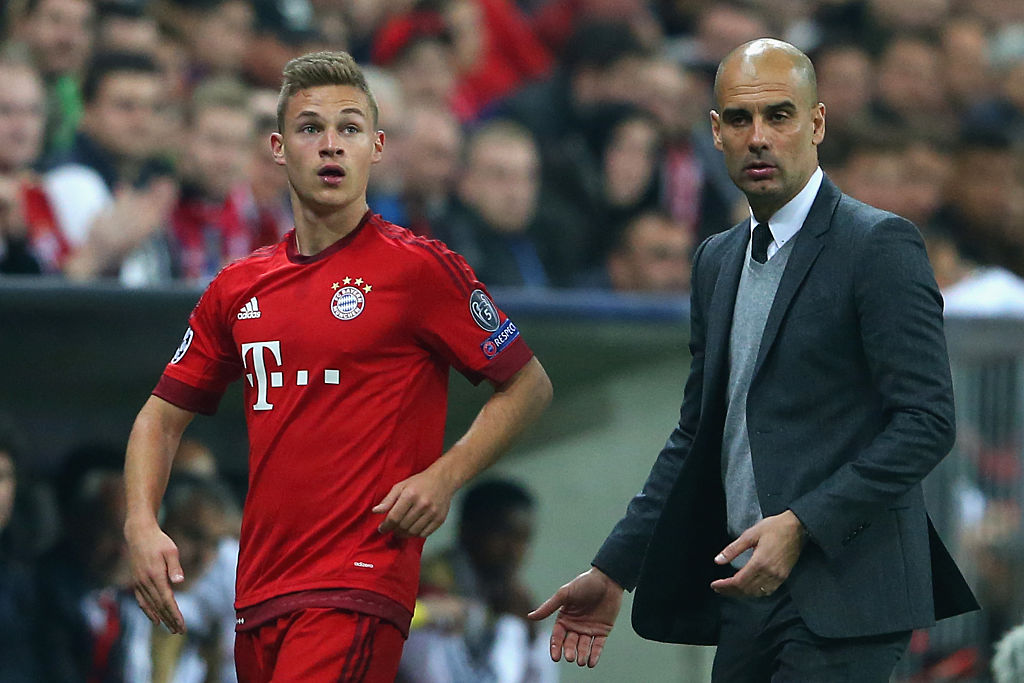 MUNICH, BAVARIA - APRIL 05: Josep Guardiola, head coach of Bayern Muenchen reacts with his player Joshua Kimmich during the UEFA Champions League quarter final first leg match between FC Bayern Muenchen and SL Benfica at Allianz Arena on April 5, 2016 in Munich, Germany. (Photo by Alexander Hassenstein/Bongarts/Getty Images) Manchester City