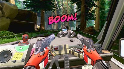 Deadpool blasts enemies in a car chase in Marvel's Deadpool VR, with a comic styled 'BOOM!' on screen