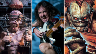 Steve Harris in 2019, in between images of the artworks of Iron Maiden albums The X Factor and Virtual XI