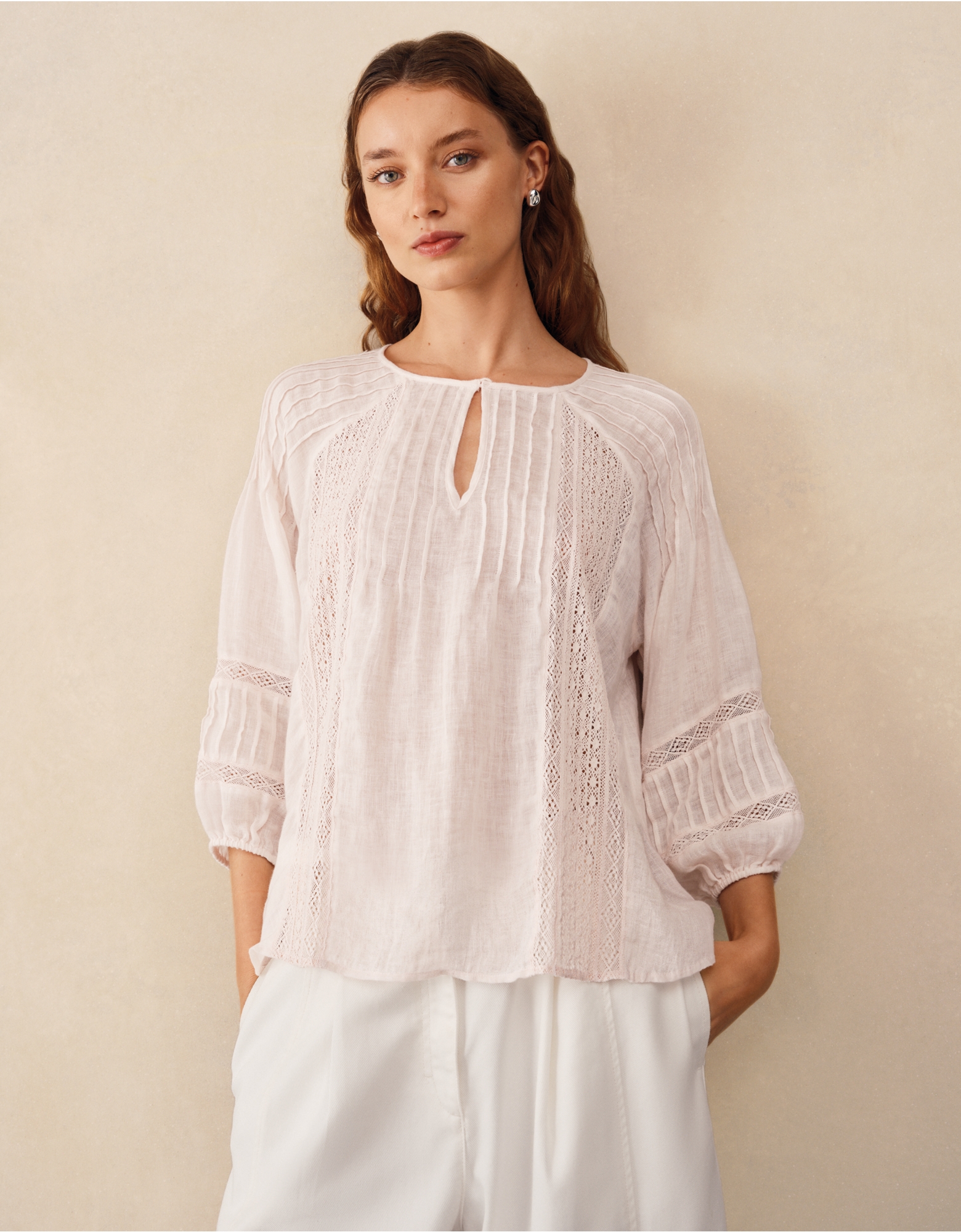 The White Company, Linen Gauze Pintuck Boho Blouse