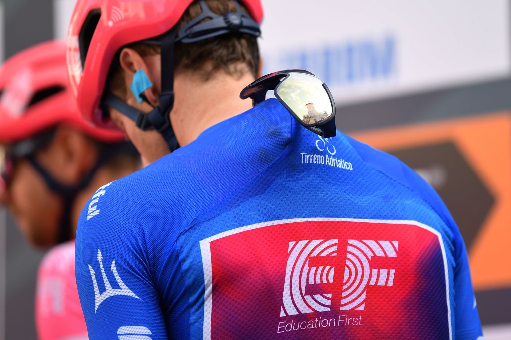 CASCIA ITALY SEPTEMBER 10 Start Michael Woods of Canada and Team EF Pro Cycling Blue Leader Jersey Detail view during the 55th TirrenoAdriatico 2020 Stage 4 a 194km stage from Terni to Cascia 645m TirrenAdriatico on September 10 2020 in Cascia Italy Photo by Justin SetterfieldGetty Images