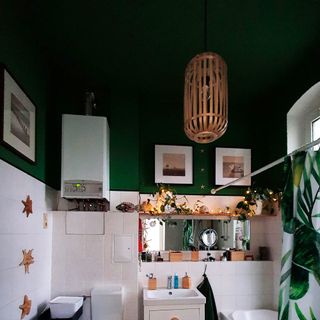 Bathroom with green wall and ceiling and copper lampshade