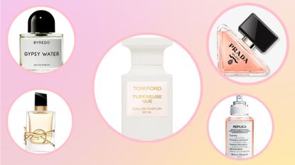 The best date night perfumes from Byredo/Tom Ford/ Maison Margiela/YSL and Prada/ in a pink and yellow gradient template