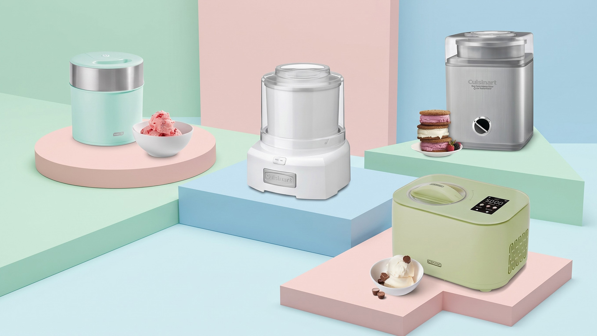 A selection of Dash, Cuisinart, Chefman ice cream machines.