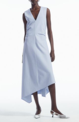 Gathered Asymmetric Hem Stretch Cotton Blend Dress