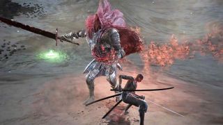 Dark Souls 3 character swings a katana at a red-cloaked boss in dunes made of ash