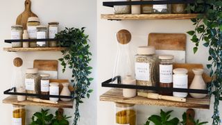 Open pantry shelves in kitchen with glass storage