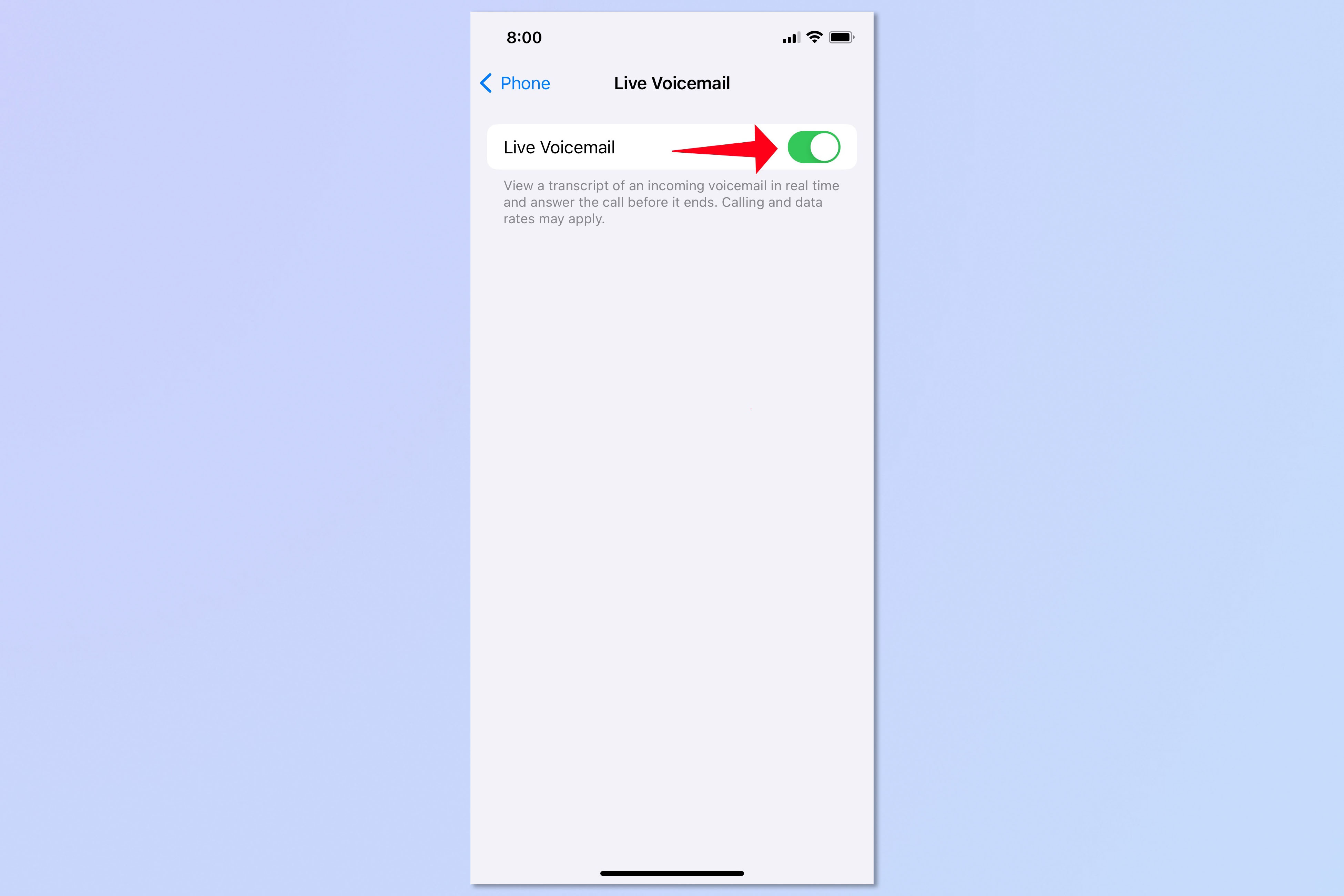 Снимок экрана, показывающий, как использовать Live Voicemail на iOS.