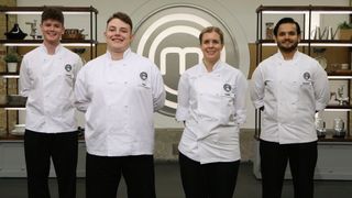 Cameron, Dara, Catrin, Himanshu (L-R) in the kitchen for MasterChef: The Professionals 2023