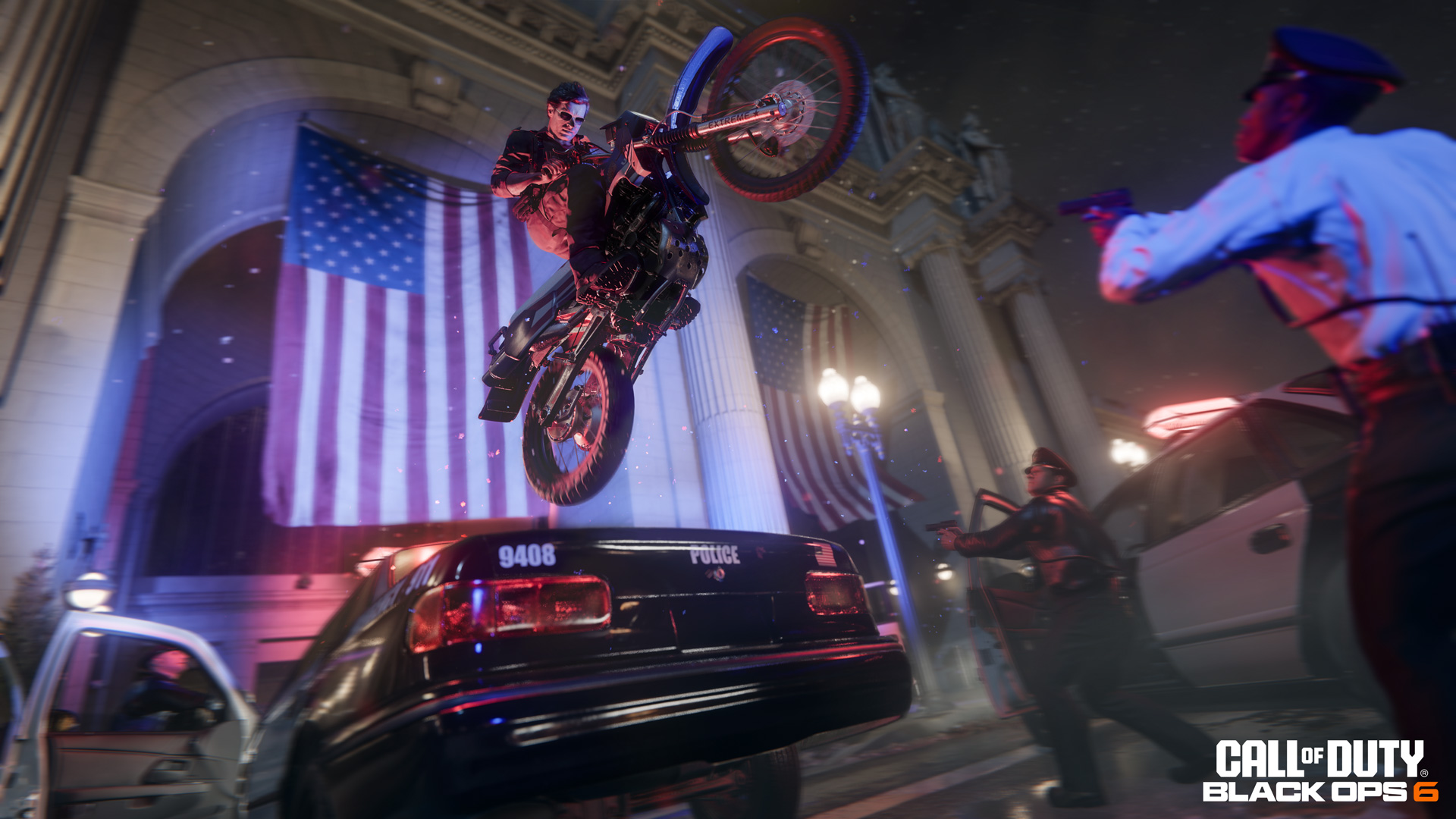 A soldier on a motorcycle jumps over his enemies, with neon lights in the background