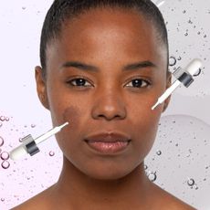 a woman with dark spots on a half and half background of serums that are different colors featuring skincare droppers