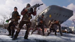 A team of four survivors move through a snowy environment with weapons drawn