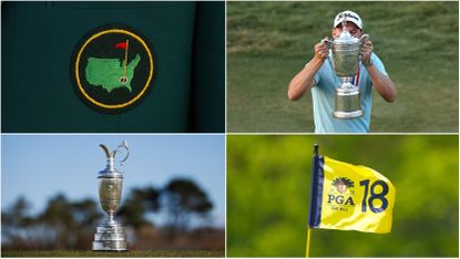 A four-image photo of The Masters logo (top left), Wyndham Clark holding up the US Open trophy (top right), the Open Championship trophy (bottom left), and a flag at the PGA Championship (bottom right)