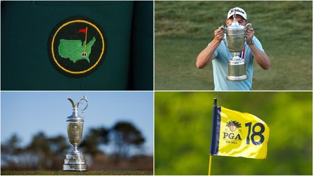 A four-image photo of The Masters logo (top left), Wyndham Clark holding up the US Open trophy (top right), the Open Championship trophy (bottom left), and a flag at the PGA Championship (bottom right)