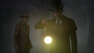 Sherlock Holmes and Watson investigate by the light of a lantern in Sherlock Holmes: The Awakened.
