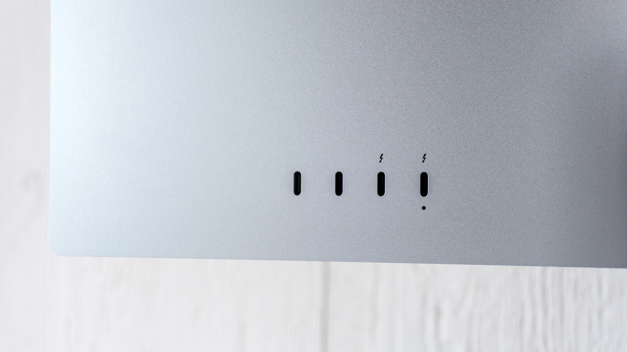 A closeup shot of the rear ports on the Apple Studio Display XDR