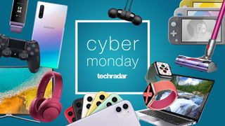 Cyber Monday står skrivet i en ruta tillsammans med "TechRadar" och ett gäng teknikprylar spridda runtom, mot en ljusblå bakgrund.