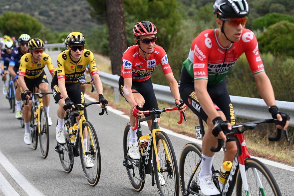 GUADARRAMA SPAIN SEPTEMBER 16 LR Jonas Vingegaard of Denmark and Sepp Kuss of The United States and Team JumboVisma Red Leader Jersey compete during the 78th Tour of Spain 2023 Stage 20 a 2078km stage from Manzanares El Real to Guadarrama UCIWT on September 16 2023 in Guadarrama Spain Photo by Tim de WaeleGetty Images