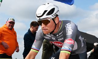 Mathieu van der Poel on the attack during his winning effort at the 2025 Paris-Roubaix