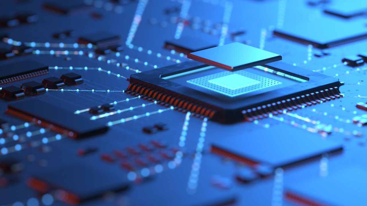 3d rendering of futuristic blue circuit board and cpu