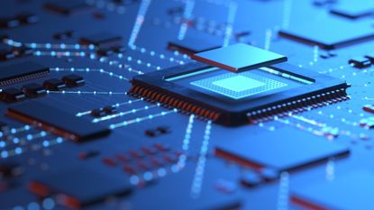 3d rendering of futuristic blue circuit board and cpu