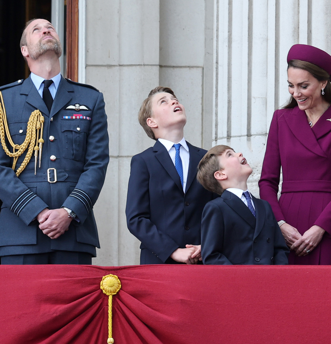 Prince William, Prince George, Prince Louis, Princess Kate and Princess Charlotte on the balcony for VE Day 80
