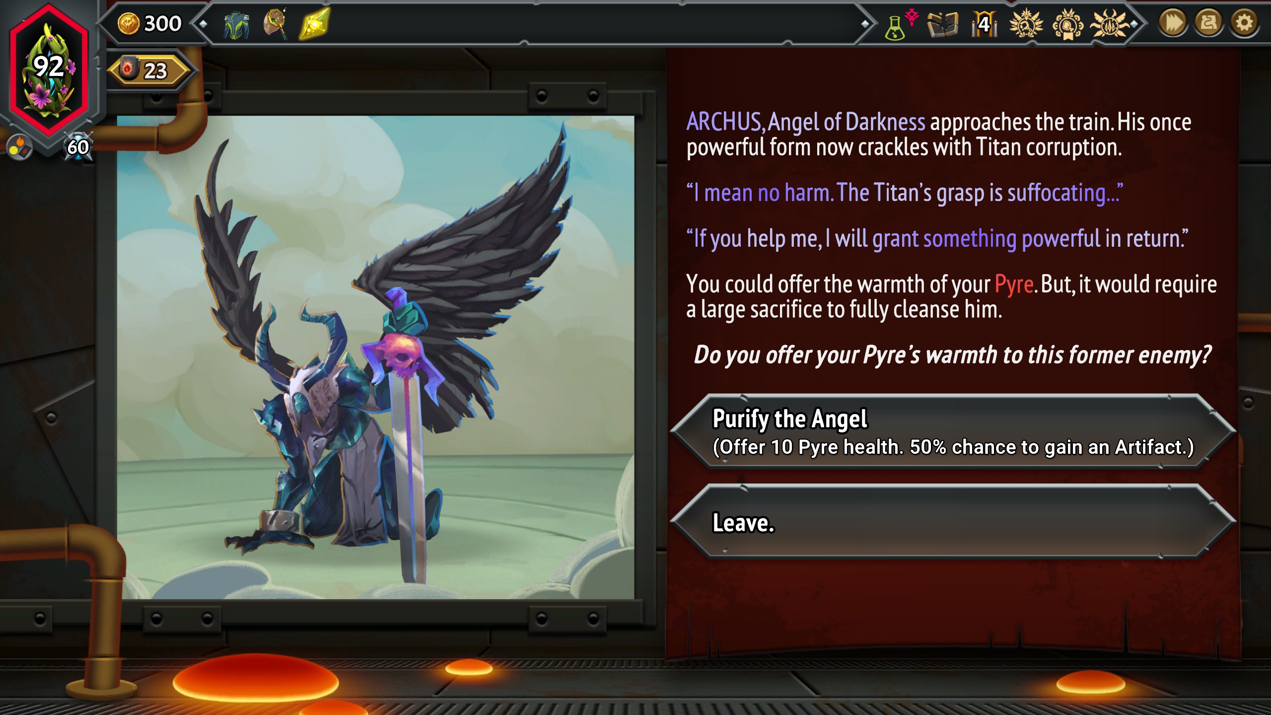 A Fallen Angel event in Monster Train 2 asks the player to trade Pyre health in exchange for the chance to get an Artifact