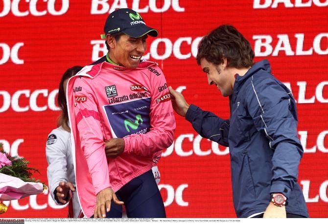 Nairo Quintana celebrates another day in pink with F1 race pilot Fernando Alonso