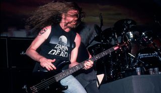 Cliff Burton performs with Metallica at the Poplar Creek Music Theater in Hoffman Estates, Illinois on July 13, 1986
