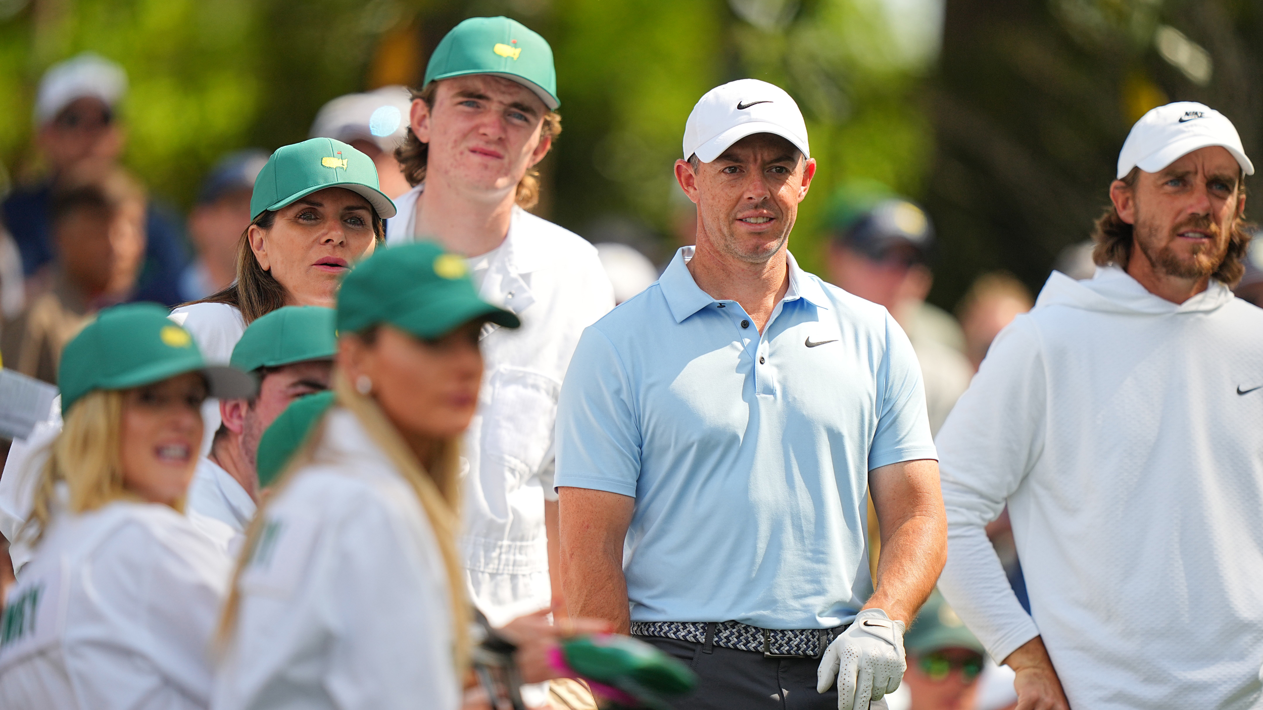 Rory McIlroy and Tommy Fleetwood with their families at the Masters par 3 contest