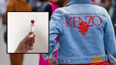 A montage image featuring someone holding the Kenzo Flower fragrance bottle on top of a street style image of a guest wearing a Kenzo blue denim jacket with printed red logo and flower, outside Kenzo, during Paris Fashion Week, Menswear Spring/Summer 2020