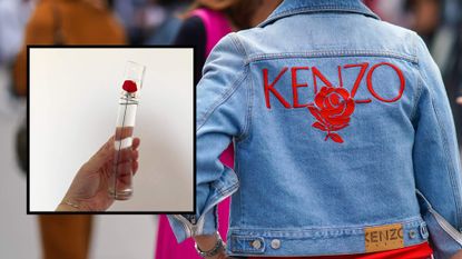 A montage image featuring someone holding the Kenzo Flower fragrance bottle on top of a street style image of a guest wearing a Kenzo blue denim jacket with printed red logo and flower, outside Kenzo, during Paris Fashion Week, Menswear Spring/Summer 2020
