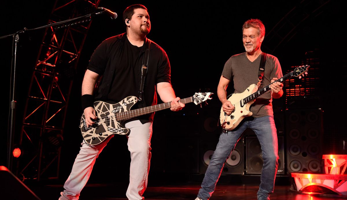 Eddie Van Halen (R) and Wolfgang Van Halen perform onstage at Nikon at Jones Beach Theater on August 13, 2015 in Wantagh, New York